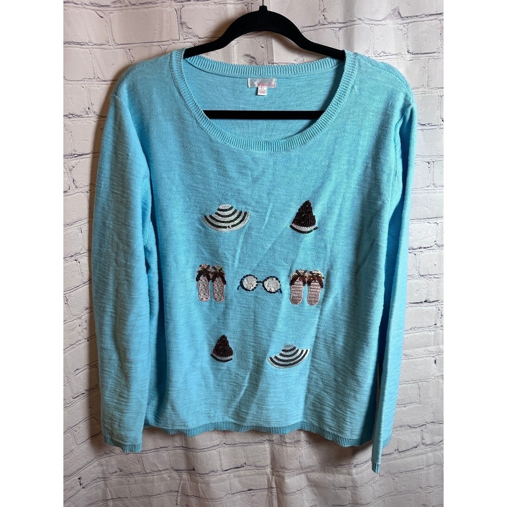 CABANA CAY Embellished Sweater Beach Theme Sequins Aqua Blue Size L